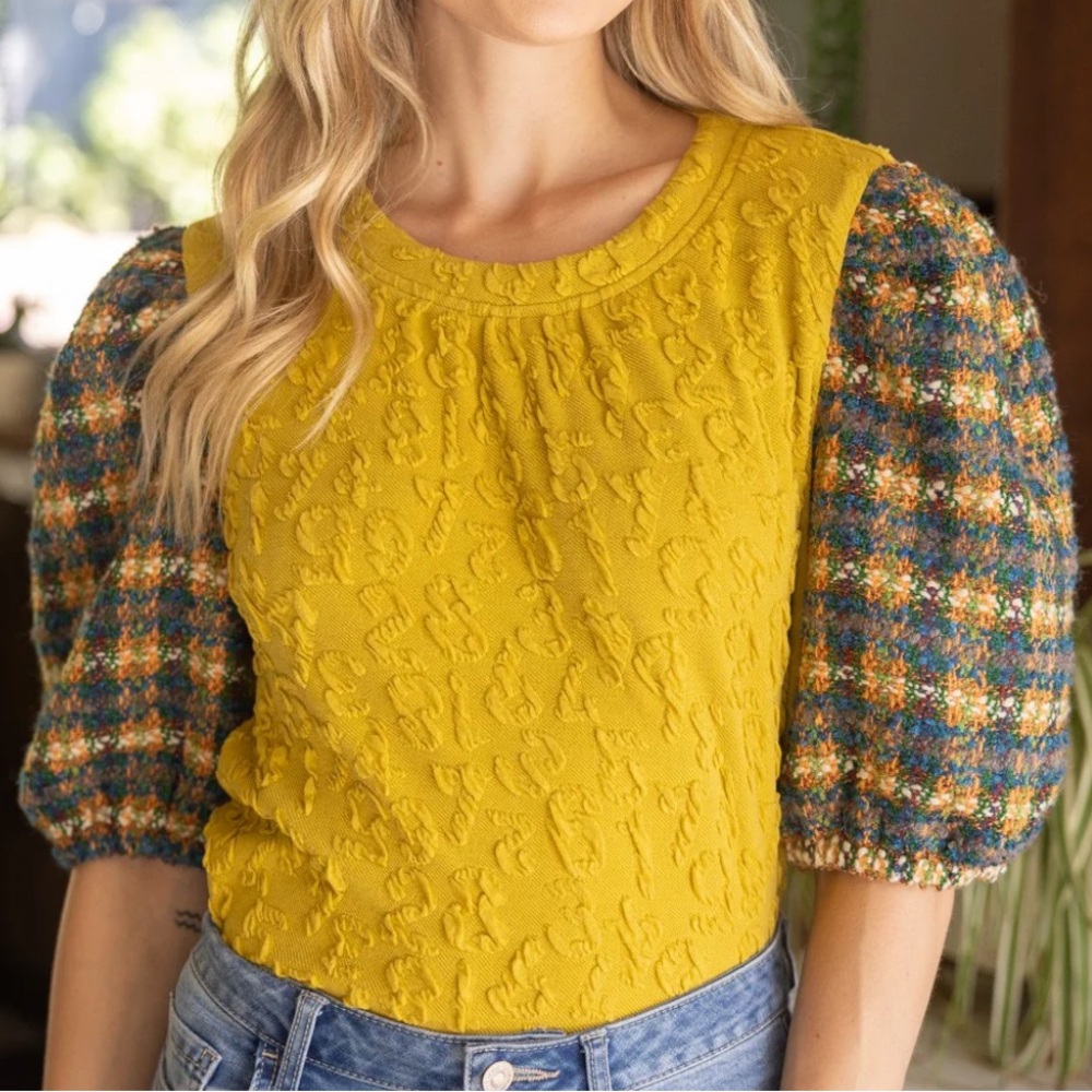 Textured Body in Mustard With Tweed Puff Multi Color Plaid Sleeve Top NWT